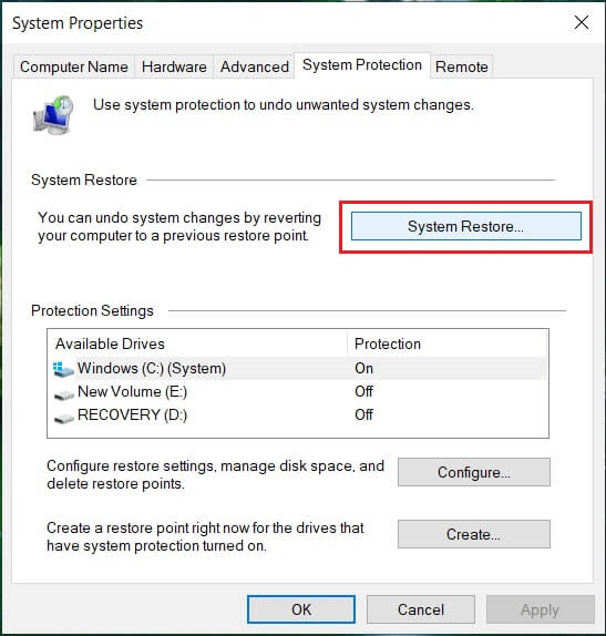 Select the System Protection tab and choose System Restore