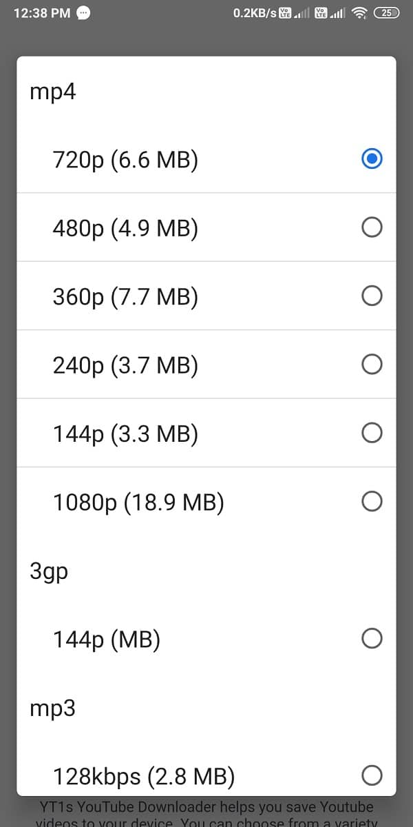Select the Video Quality that you want to download