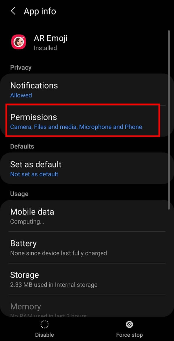Select the app you wish to uninstall and then tap on “Permissions” | How to Delete Pre-Installed Apps on Android