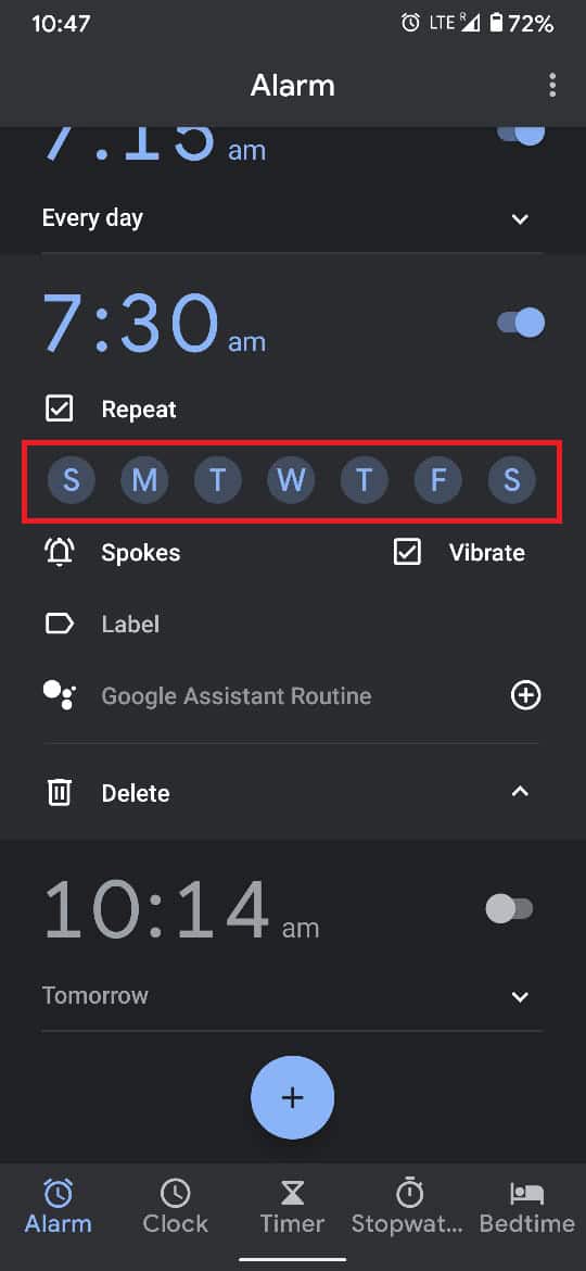 Select the days you want the alarm to ring and deselect the days you want it to remain silent.