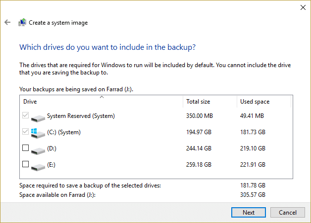 Select the drives which you want to include in the backup