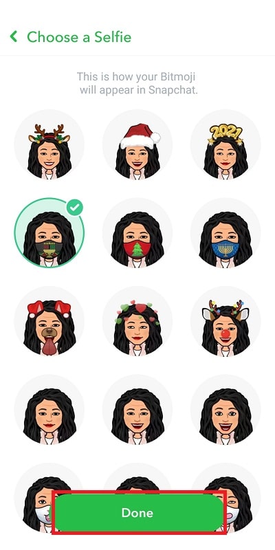 Select the mood for your bitmoji selfie and tap on done | How To Change Bitmoji Selfie On Snapchat