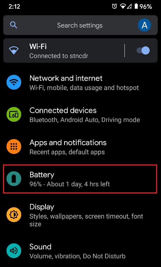 Select the option Battery