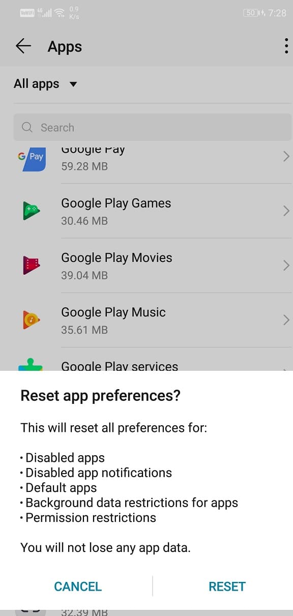 Select the option of Reset app preferences from the drop-down menu