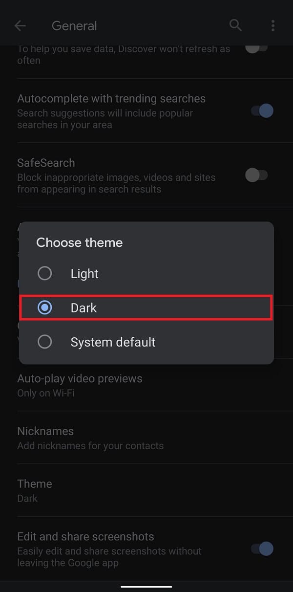 Select the option titled ‘Dark’ to enable dark mode in Google assistant