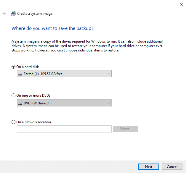 Select where you want to save the system image | How to create a System Image Backup in Windows 10