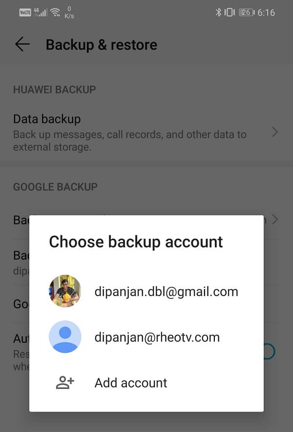 Under the Google Backup section, tap on the Backup account option and select your Google account