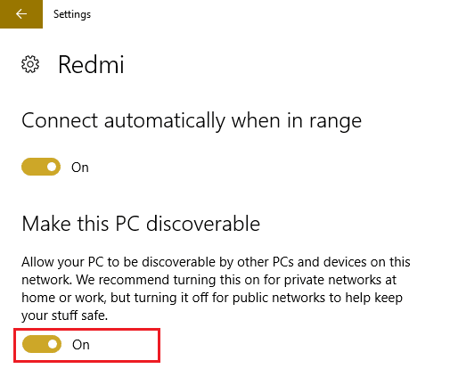 Set make this PC discoverable slider to ON under WiFi settings