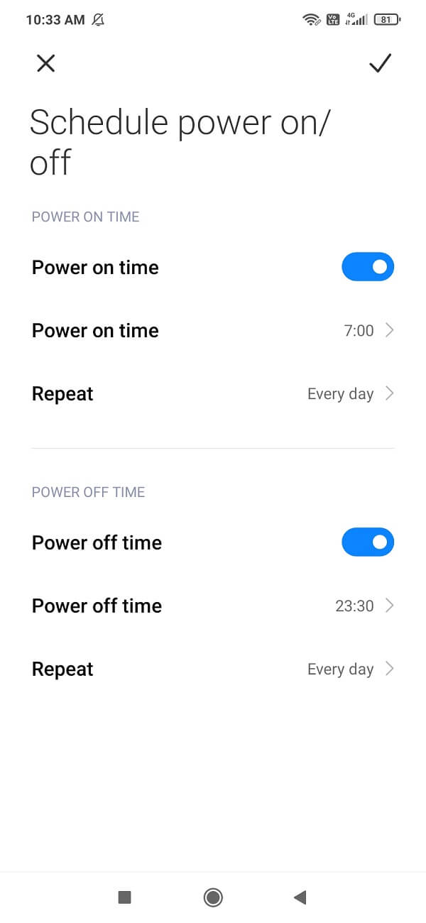Set the on and off time for your smartphone