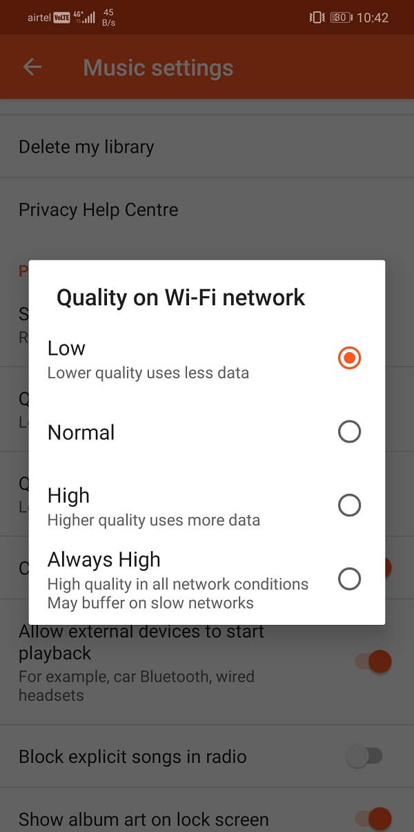 Set the playback quality on Wi-Fi to low