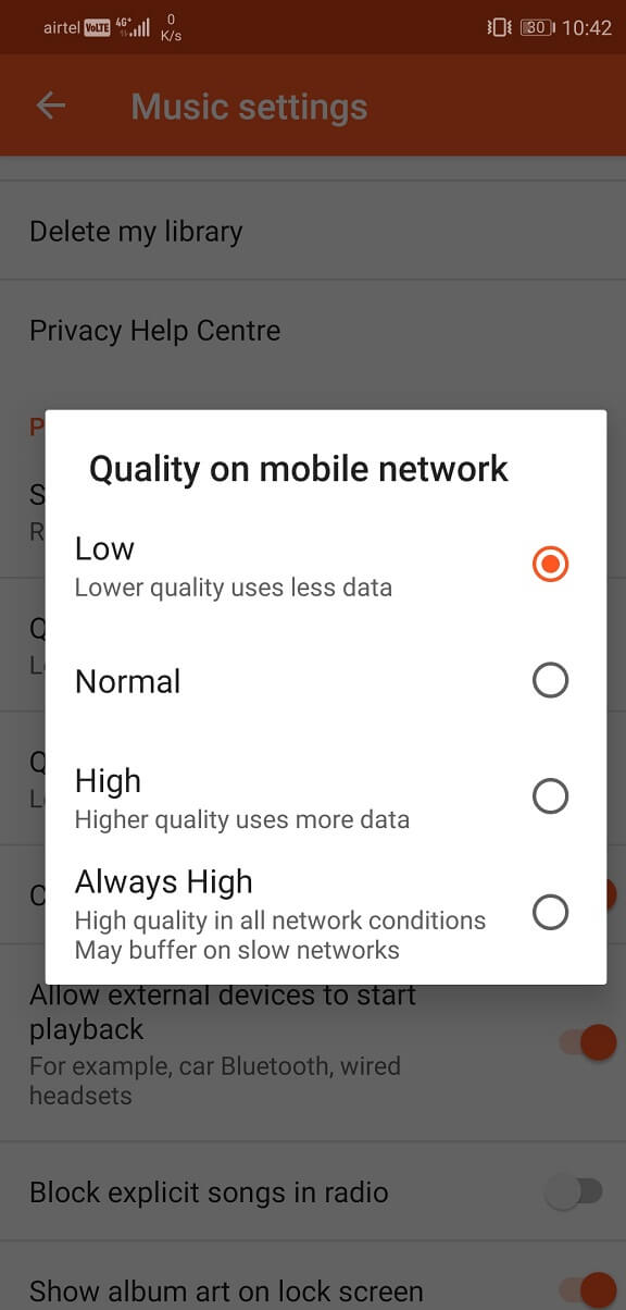 Set the playback quality on mobile network to low | Fix Problems with Google Play Music