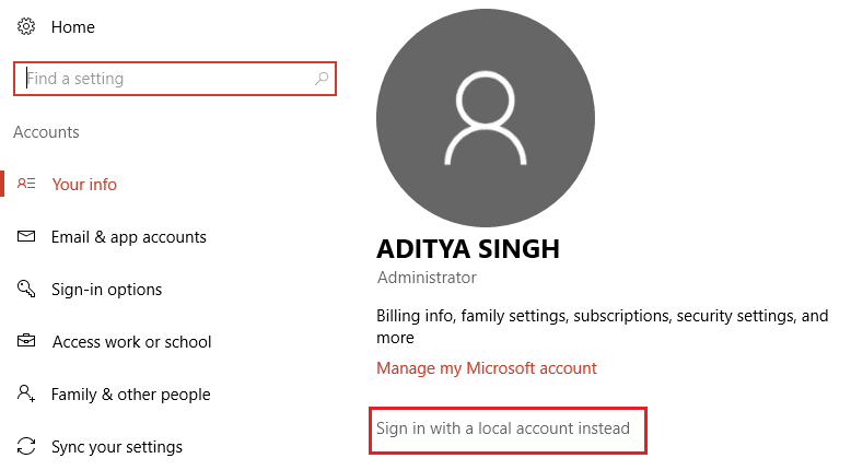 Sign in with a local account instead | Create a Local User Account on Windows 10
