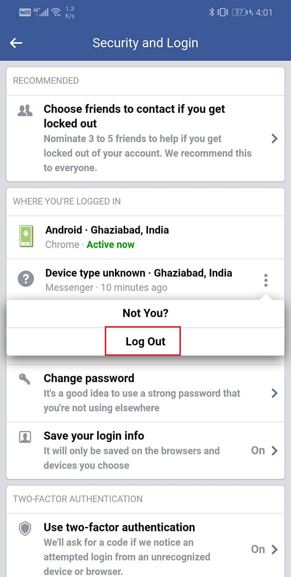 Simply click on the Log out option | How to log out of Facebook Messenger
