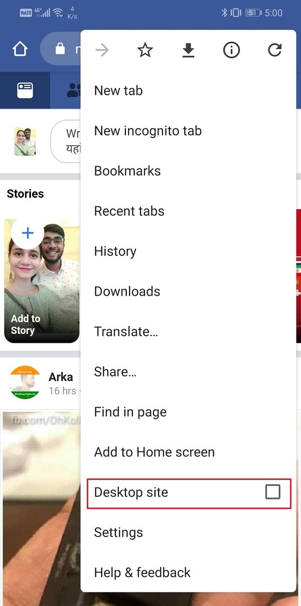 Simply click on “Request Desktop Site” | View Desktop Version of Facebook on Android