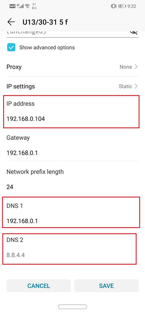 Simply fill in the static IP, DNS 1, and DNS 2 IP address | Fix Android Connected To WiFi But No Internet