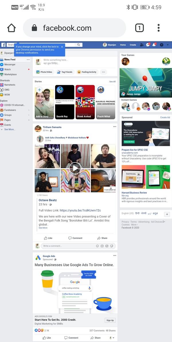 Simply open Facebook.com on your browser | View Desktop Version of Facebook on Android