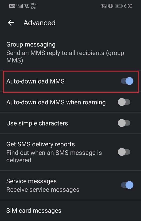 Simply toggle on the switch next to Auto-download MMS option | Fix MMS Download Problems