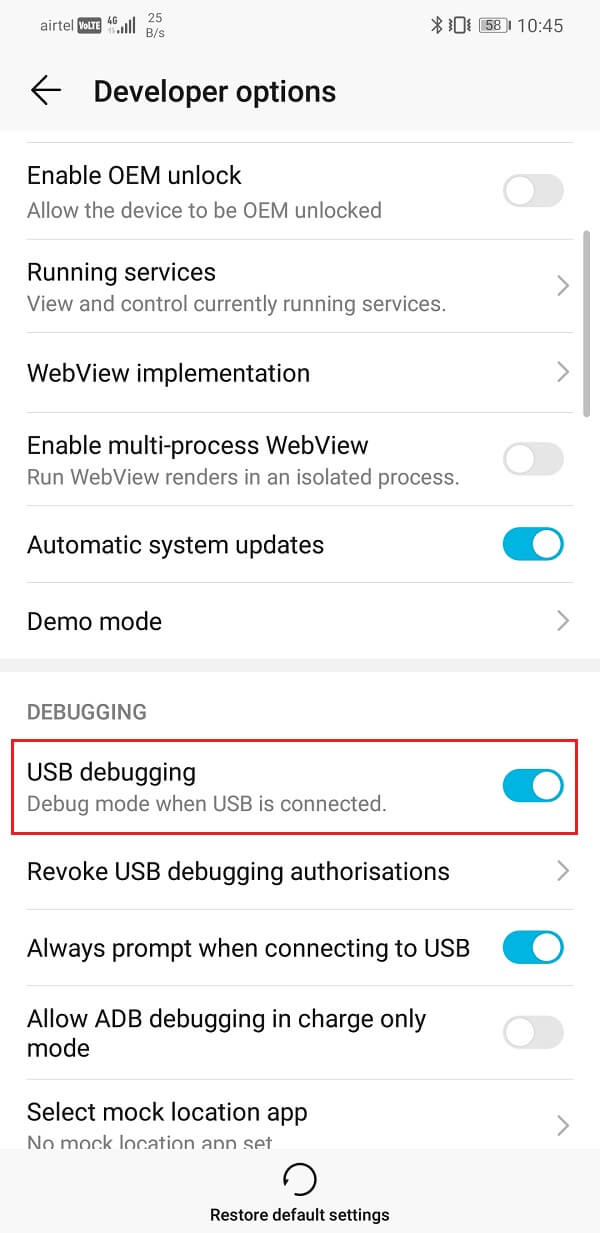 Simply toggle on the switch of USB debugging | How to Install APK Using ADB Commands