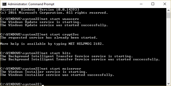 Start Windows update services wuauserv cryptSvc bits msiserver