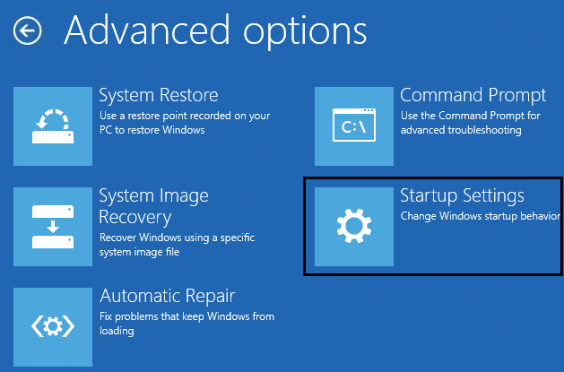 Startup setting in advanced options