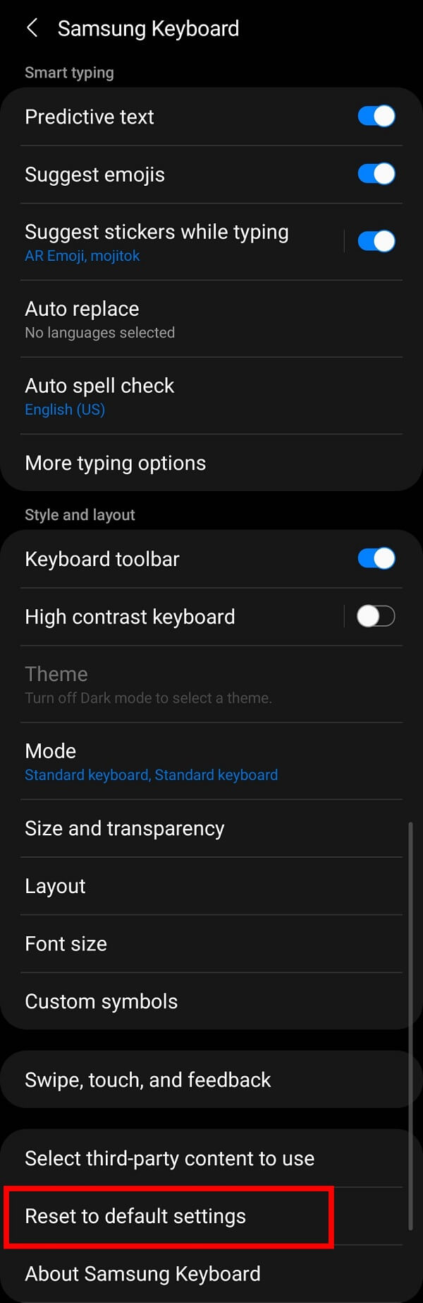 Swipe down till you see the Reset to Default Settings option and tap on it. | How to Delete Keyboard History