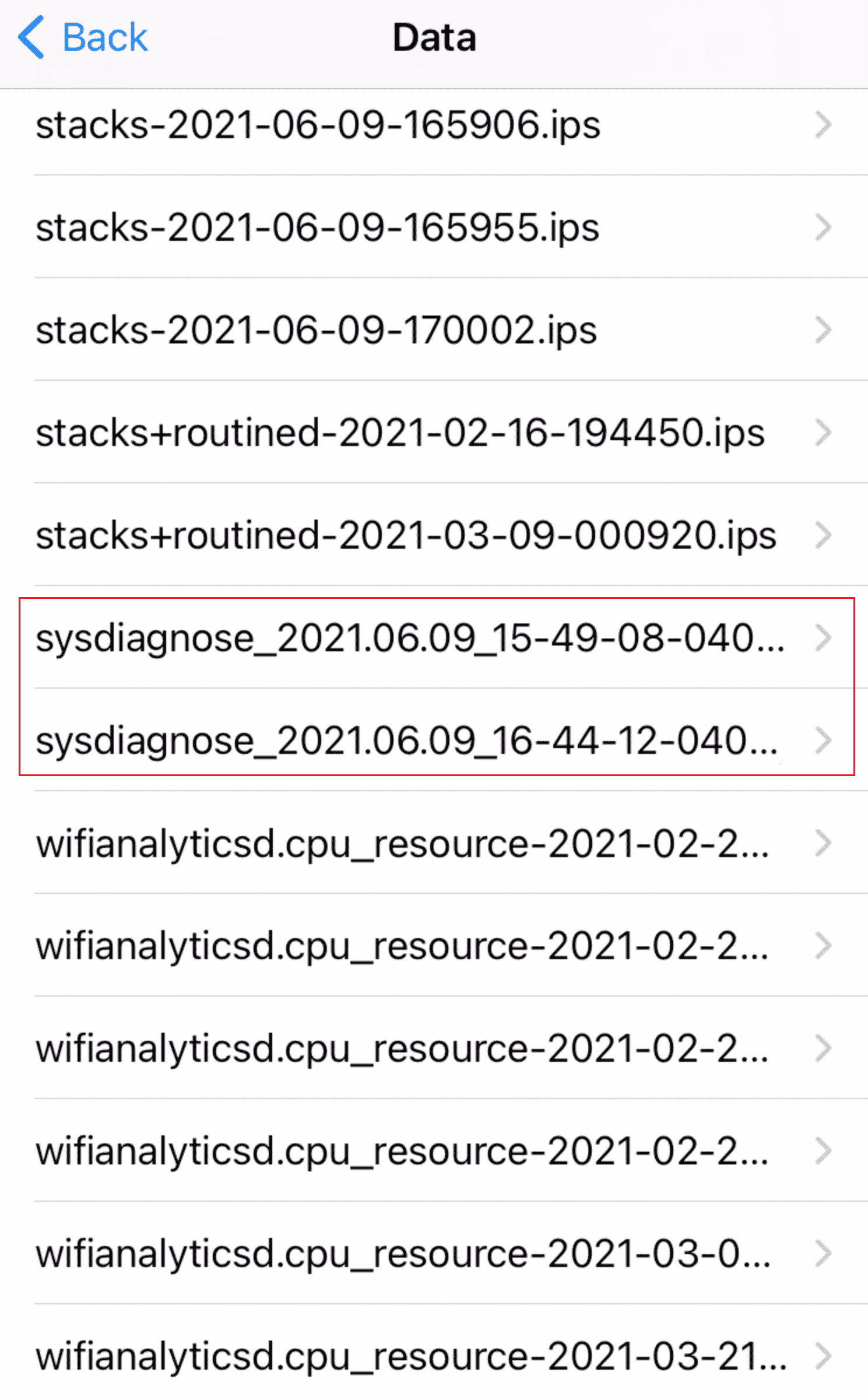 Swipe down to locate and tap on the sysdiagnose log file