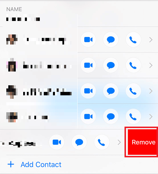 Swipe left the desired contact and tap on the Remove option