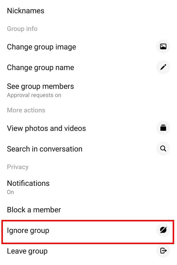 Swipe up and tap on the Ignore Group option.