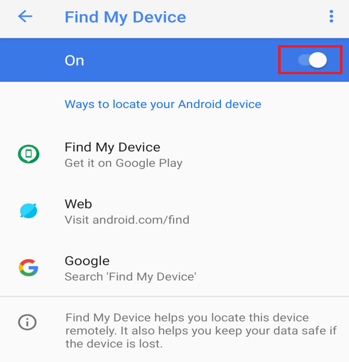 Switch on the toggle button to enable the Find My Device