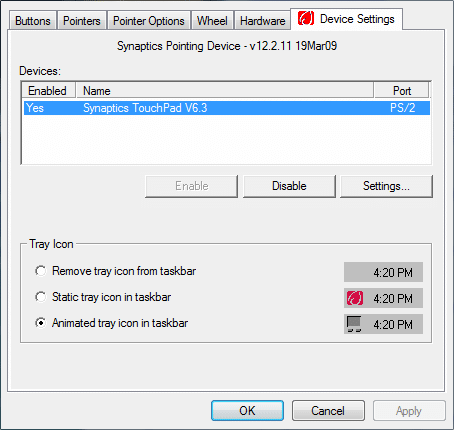Switch to Device Settings select Synaptics TouchPad and click Enable