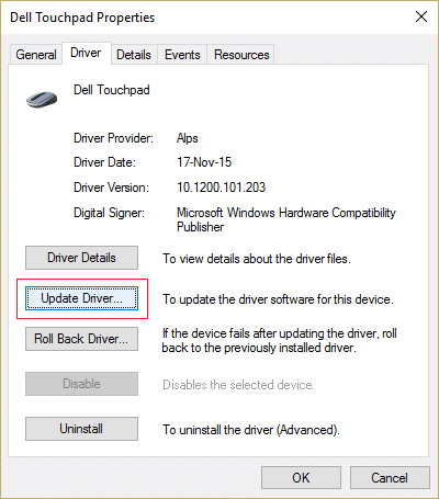 Switch to Driver tab and click on Update Driver