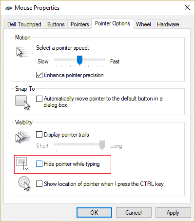 Switch to Pointer Options tab and uncheck Hide pointer while typing