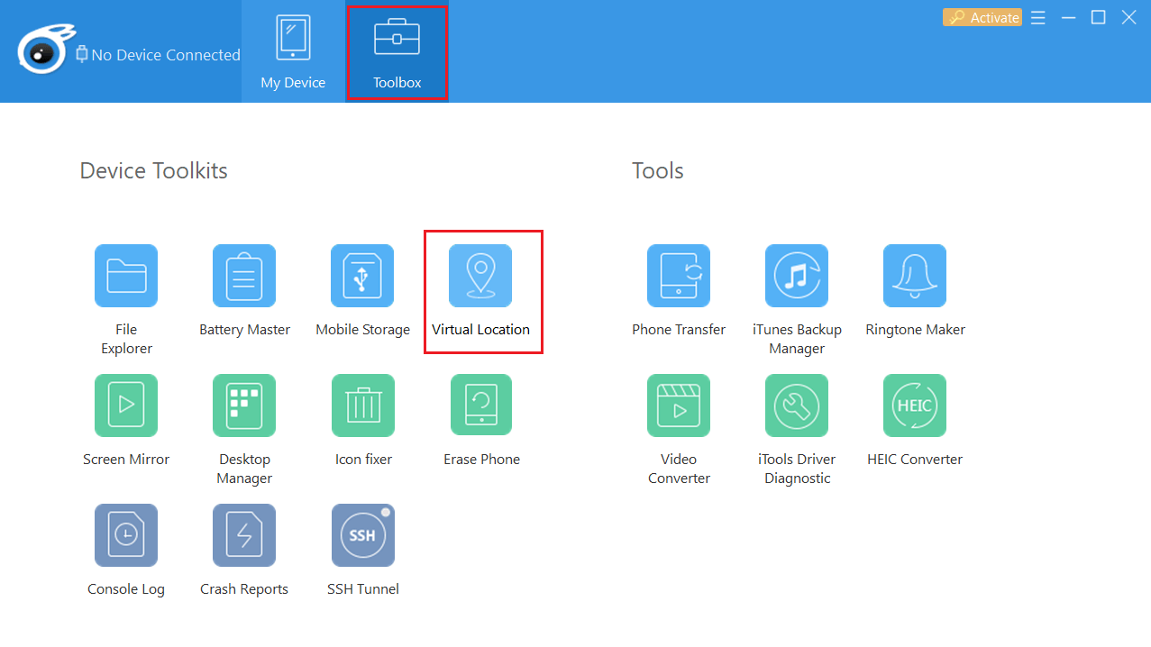 Switch to Toolbox tab then click on the Virtual Location button