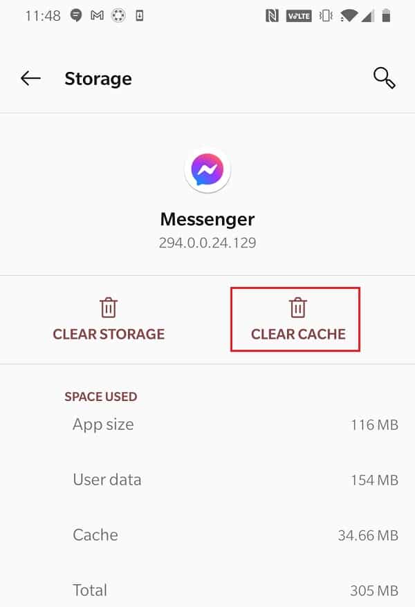 Appuyez sur Effacer le cache pour effacer les données du cache relatives à Messenger