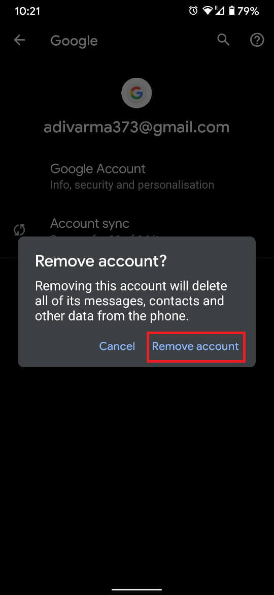 Toque 'Eliminar cuenta' para desconectar correctamente la cuenta de Google de su dispositivo Android.
