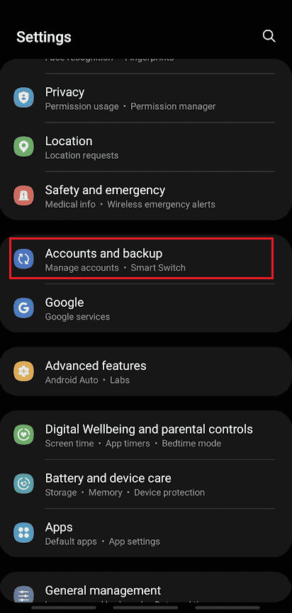 Tap on Accounts and backup Samsung settings