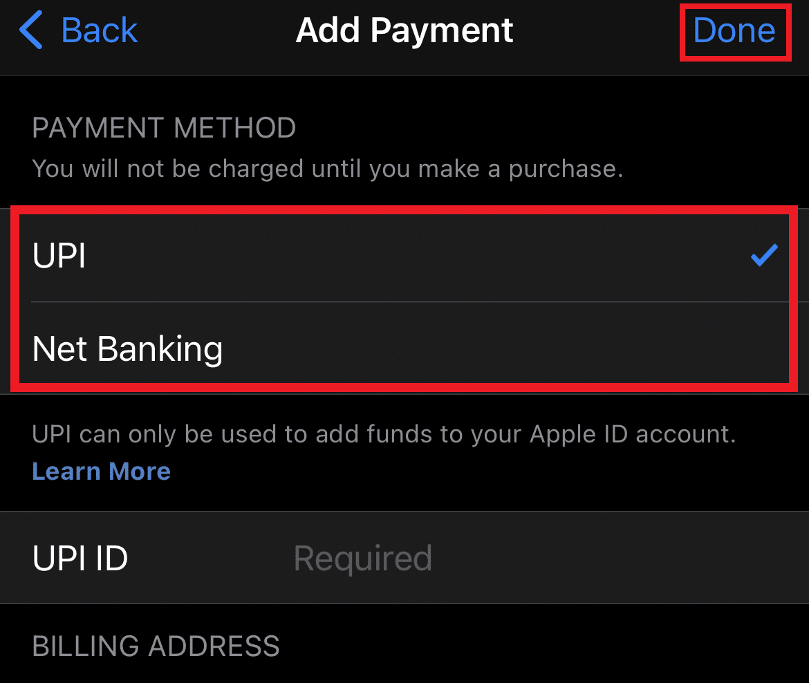 Tap on Add Payment Method and choose a different payment method other than the current one and tap on Done