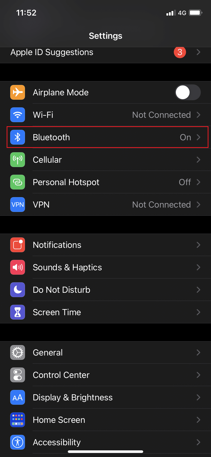 Tap on Bluetooth. Fix Apple CarPlay not working