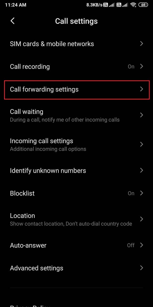 Tap on Call forwarding settings | Fix Android phone call goes straight to voicemail
