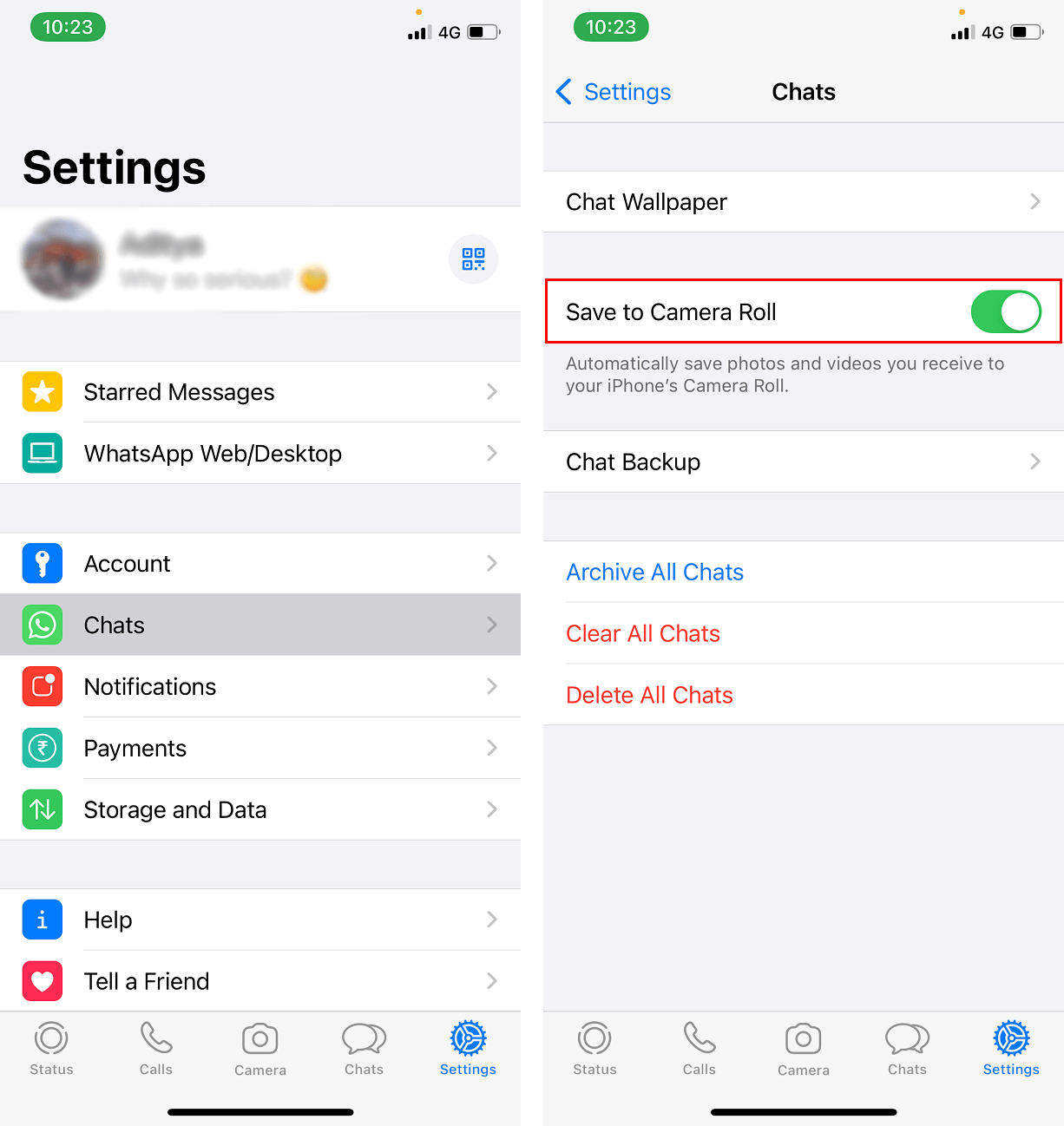 Tap on Chats then Save to Camera Roll