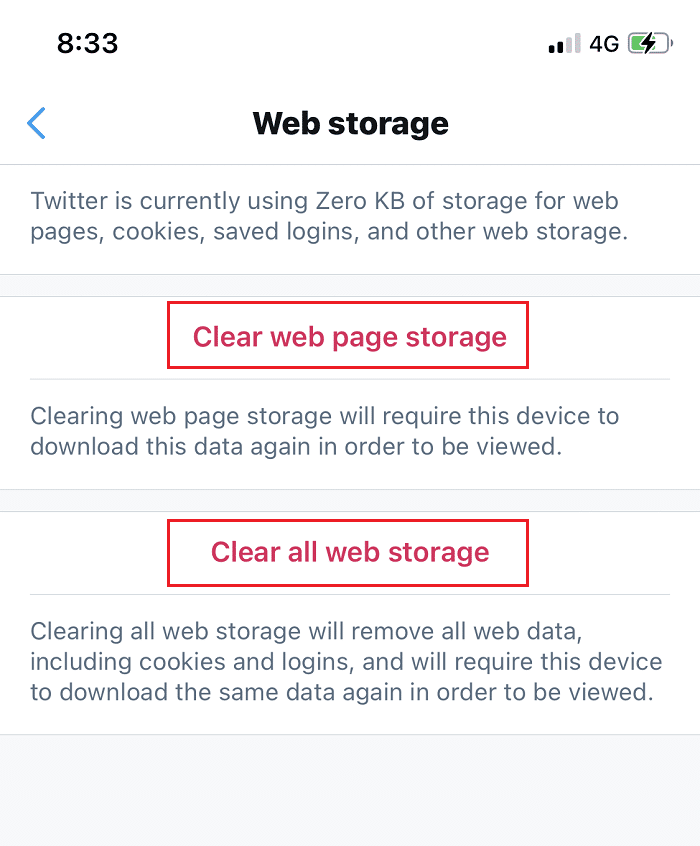 Tap on Clear web page storage and Clear all web storage.