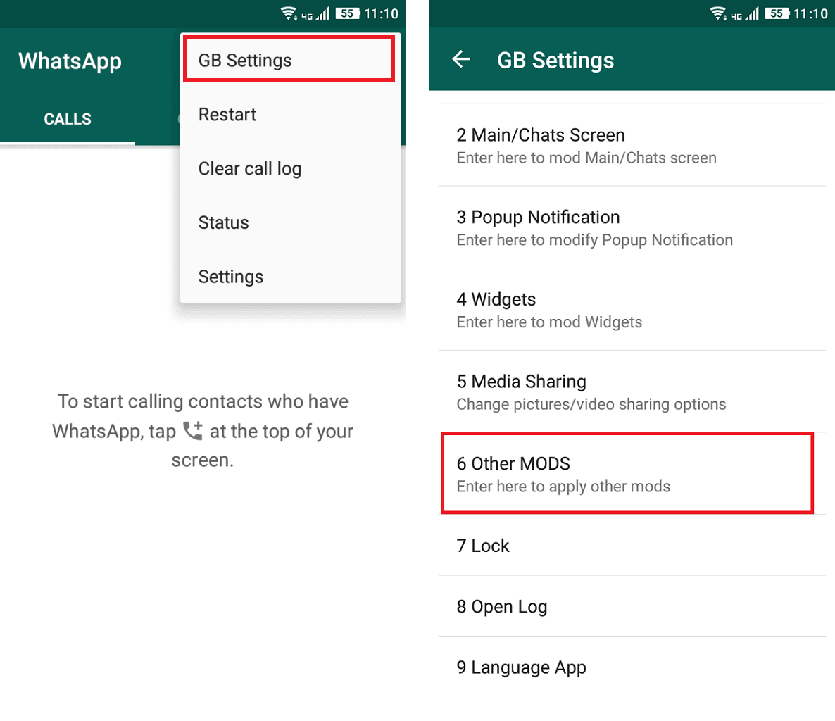 Tap on GB Settings then choose the ‘Other MODS’ option