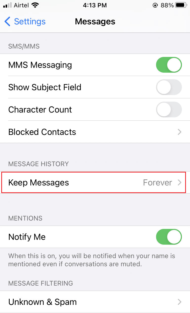 Tap on Keep Messages located under Message History | Fix iPhone Storage Full Issue