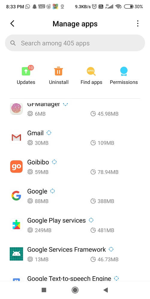 Tap on Manage Apps and click on the uninstall tab