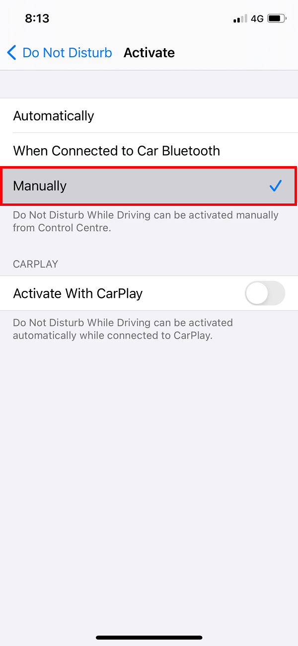 Tap on Manually to activate DND mode manually