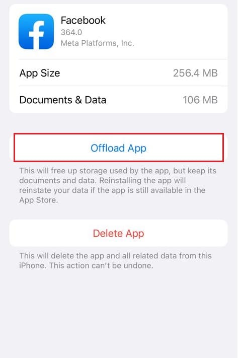Tap on Offload App in Facebook iPhone Settings
