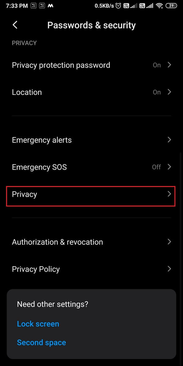 Appuyez sur Confidentialité. | Comment changer le type de police sur votre téléphone Android