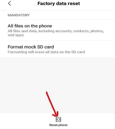 Tap on Reset phone option available at bottom of the page