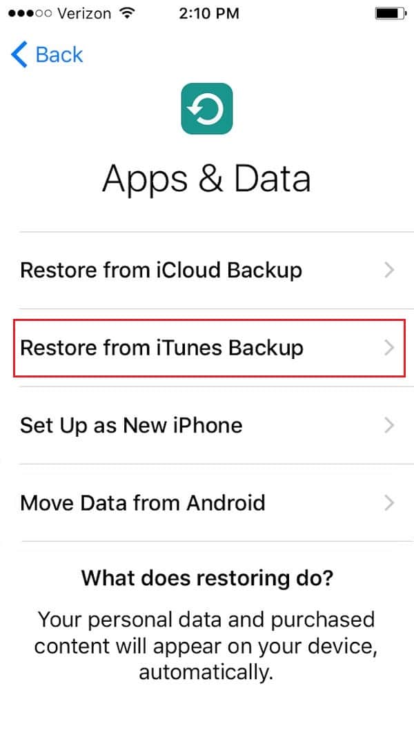 Tap on Restore from iTunes Backup, or Set up as New iPhone | Fix iPhone 7 or 8 won't Turn Off