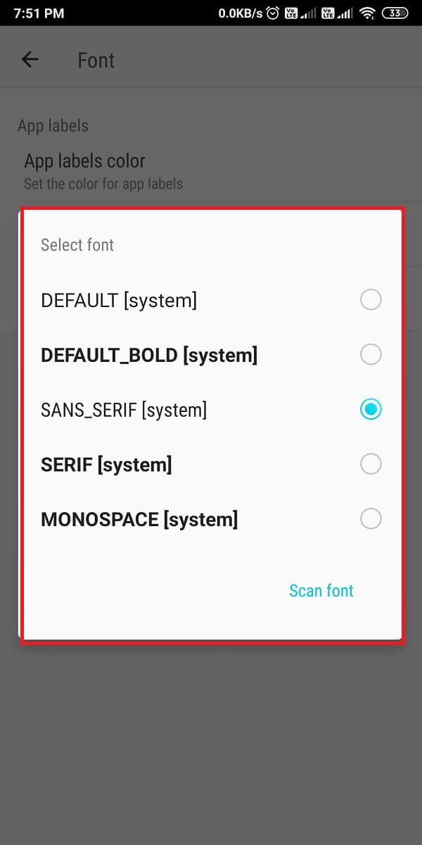 Tap on 'Select font' to choose from 5 different fonts.